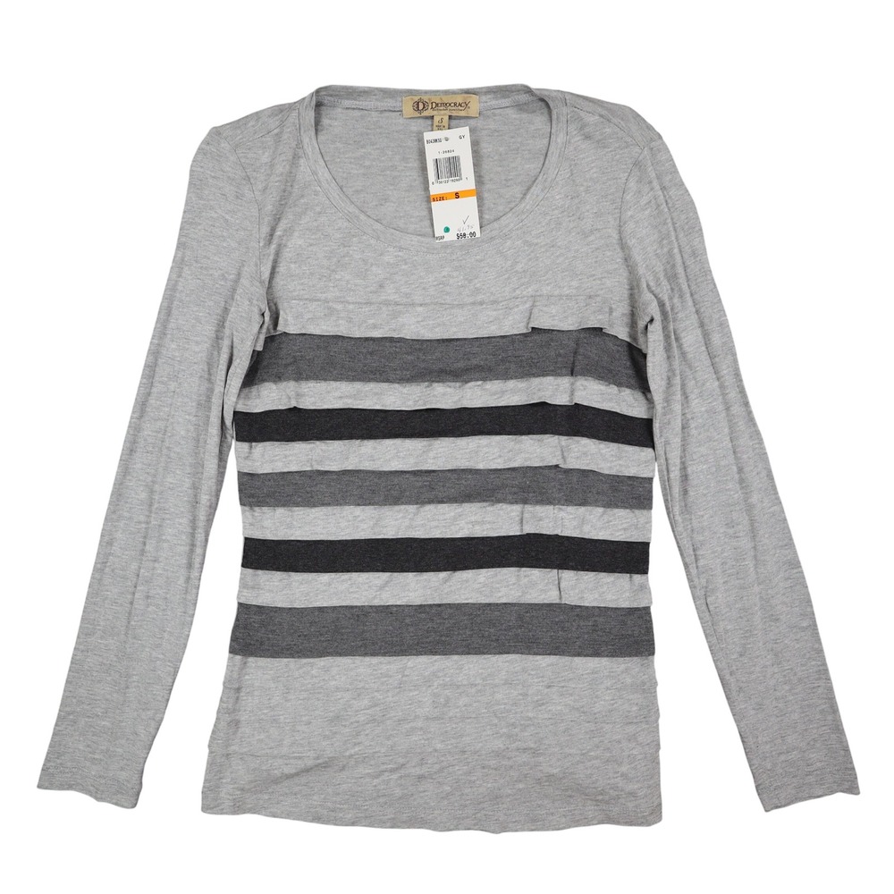 Democracy Top Womens Small Gray Striped Ruffle Front Long Sleeve Rayon Stretch